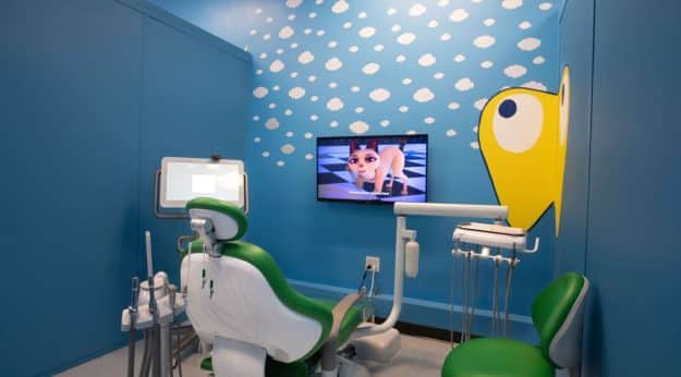 kids dental chair facing tv